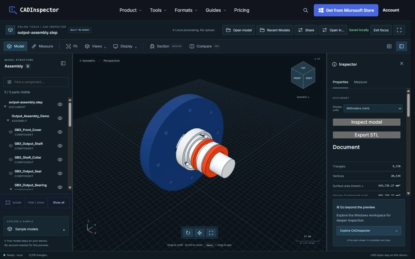 Browser CAD Inspector · built-in Output Assembly STEP demo