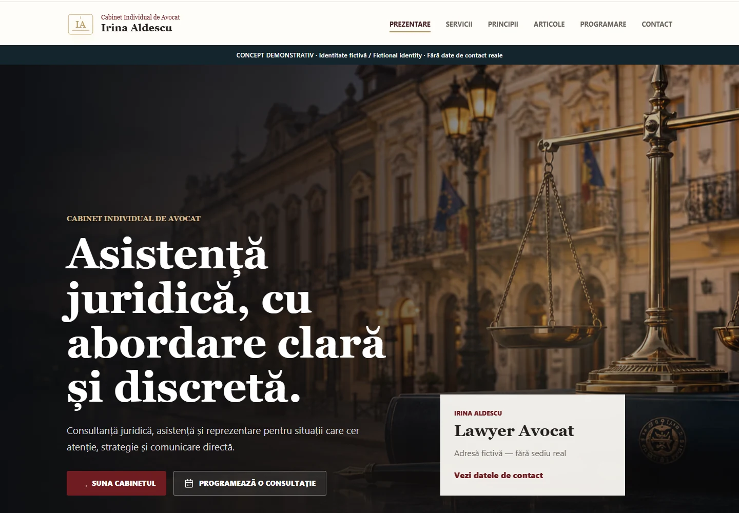 Avocat Irina Aldescu — fictional website preview