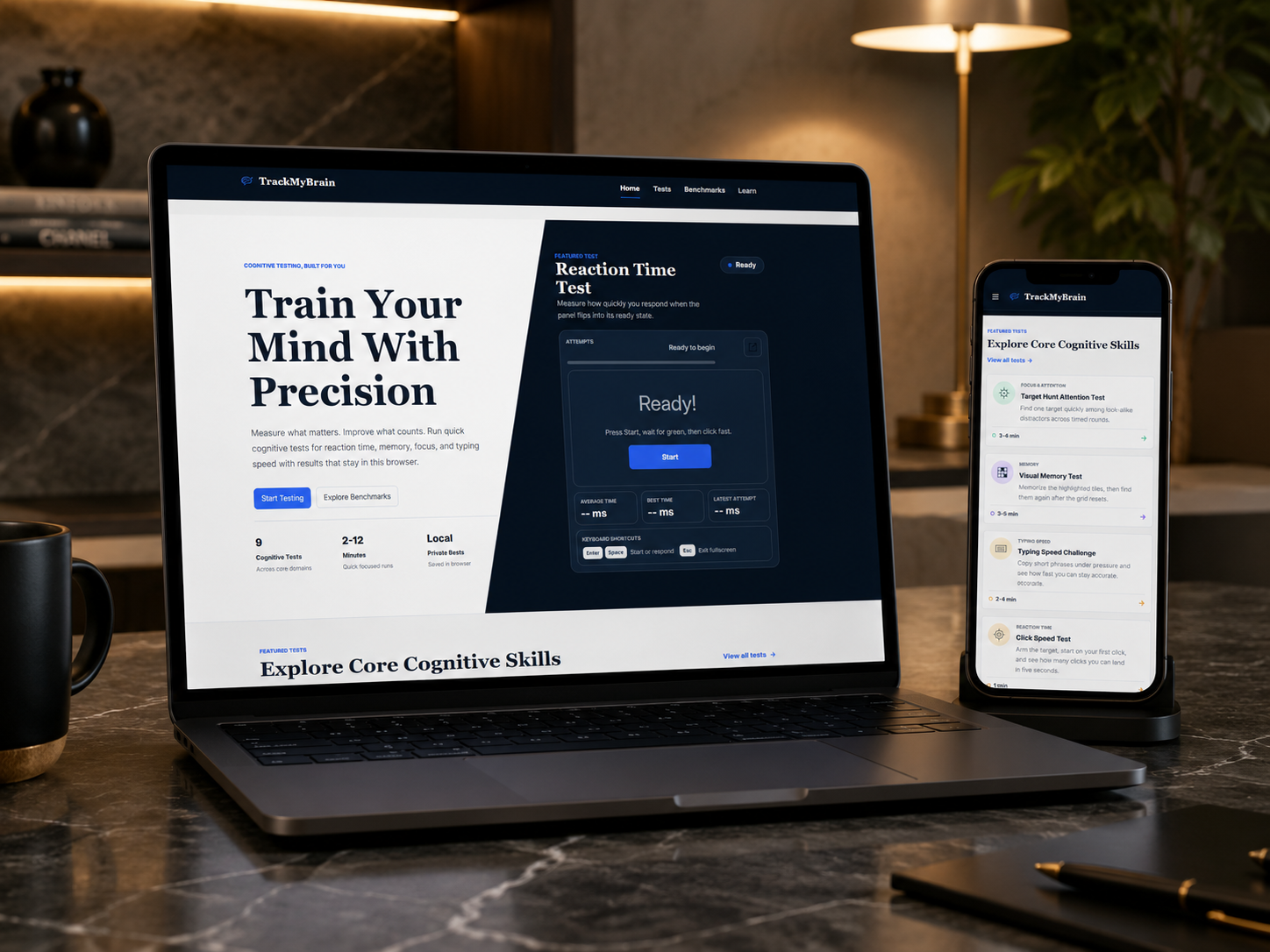TrackMyBrain cognitive testing website preview